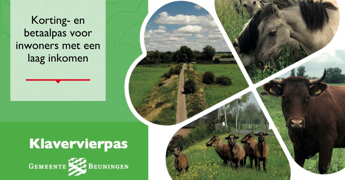 Per 1 januari 2023 is de nieuwe Klavervierpas te gebruiken. Als pashouder kun je een vastgesteld tegoed besteden of korting krijgen op allerlei diensten, producten en (sport)verenigingen in onze gemeente. Meer info op klavervierpas.nl of op beuningen.nl/klavervierpas 🍀