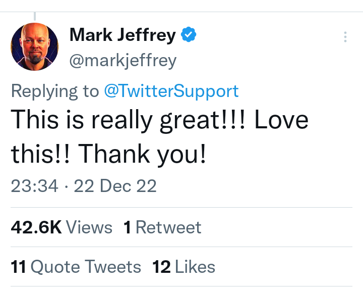 Gladpus's tweet photo. @jembawls It brings me some solace that of the 42.6k people that saw this opinion, only 12 agreed enough to like.
But we already had ratio'd as somewhat of a metric for disagreement, this addition doesn't help drive tweets and engagement. I'd as argue it probably does the opposite. https://t.co/M9ZBG2hXIk