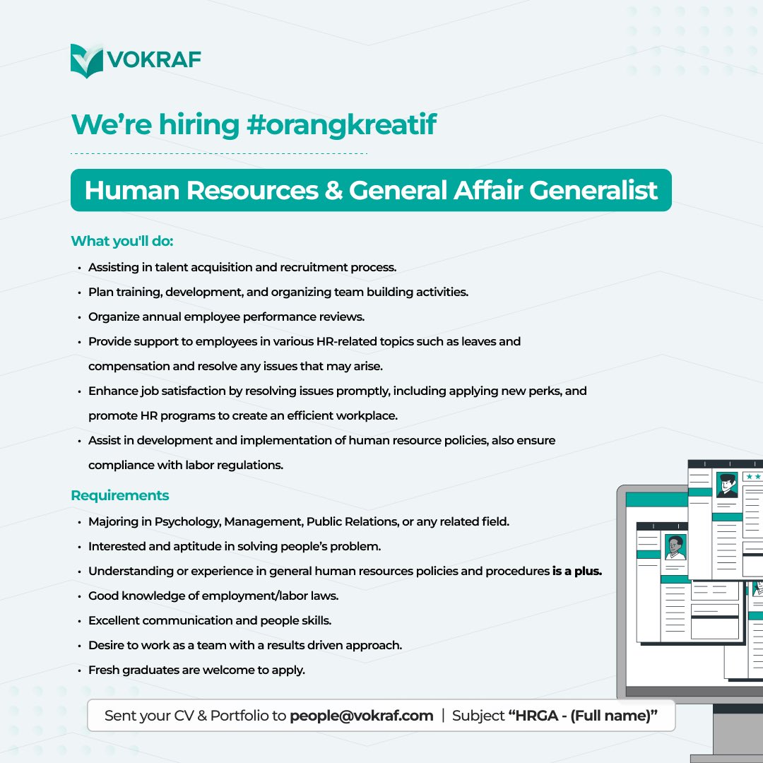 vokraf's tweet photo. Haloooo~ 

Vokraf lagi hiring HR &amp; GA, TALENT ACQUISITION, dan PERSONAL ASSISTANT TO C-LEVEL😍

Yang passionate sama creative industry, apply sesuai subject yuk!🥳

🗃 Full-time
📩 people@vokraf.com
📍WFO Jakarta Selatan

#lokercot #lokerpam #lokermase #lokerjakarta #lokercot https://t.co/T53EBAszXP