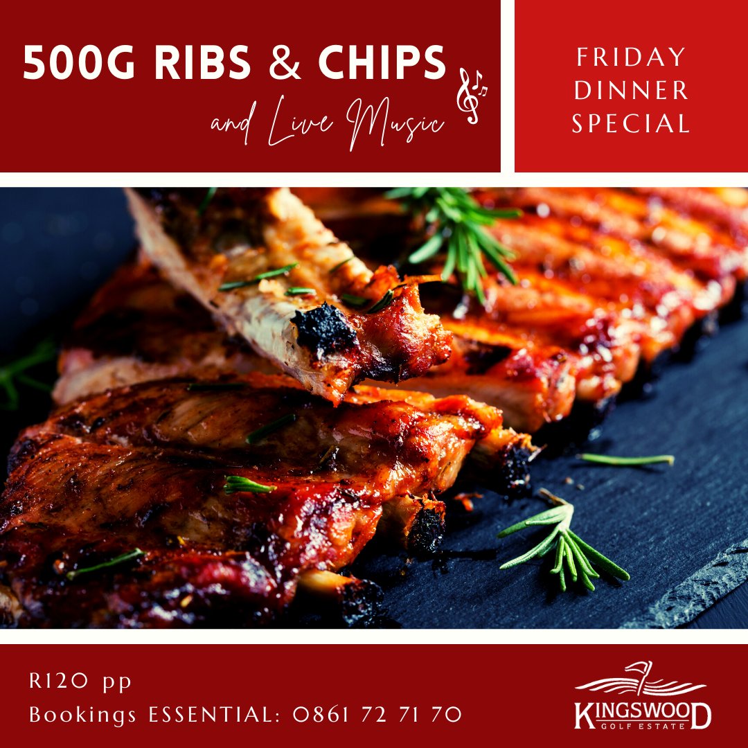 It's Christmas Weekend and YOU are invited to join us for 500g juicy, succulent Ribs and Chips for only R120pp at the Kingswood Restaurant tonight. Live music by John Oeschger. Bookings ESSENTIAL: 0861727170.
#dinnertime #eat #eatlocal #EatOut #restaurant #restaurants #support