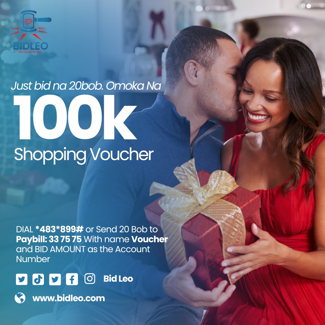 🗣Mkuu

Your Krisii won't be the same this year.
Tunakumind, unbox a shopping voucher worth Kshs. 100k na 20BOB  tu.

Dial *483*899# or send 20 bob to paybill 33 75 75 with item and bid amount as the account number.

You can also bid online at👉 bidleo.com.
#Bidleo