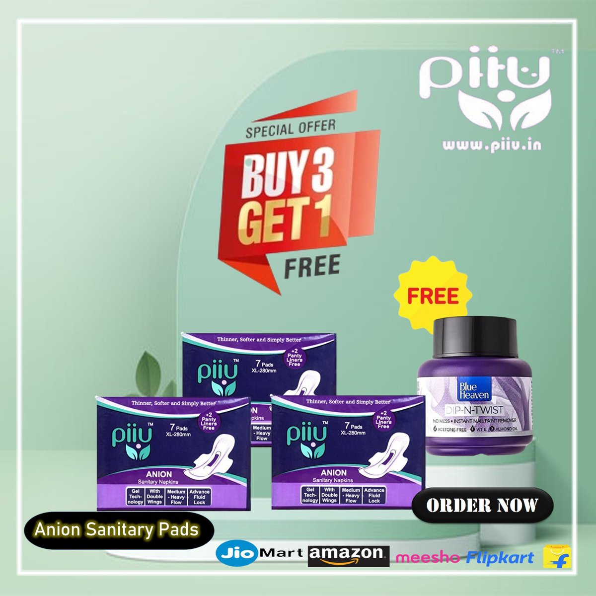 Piiu Anion Sanitary Pads
XL 280mm
Pack of 7pads + 2 panty liners free
MRP Rs.75
Special Offer
Buy 3 packs and Get 1 BlueHeaven Dip N Twist Nail Paint Remover Free
Available online on Amazon, Meesho, Glowroad, etc.
Connect on WhatsApp: +91-9971227347
#piiu #anionpads #meesho #girl
