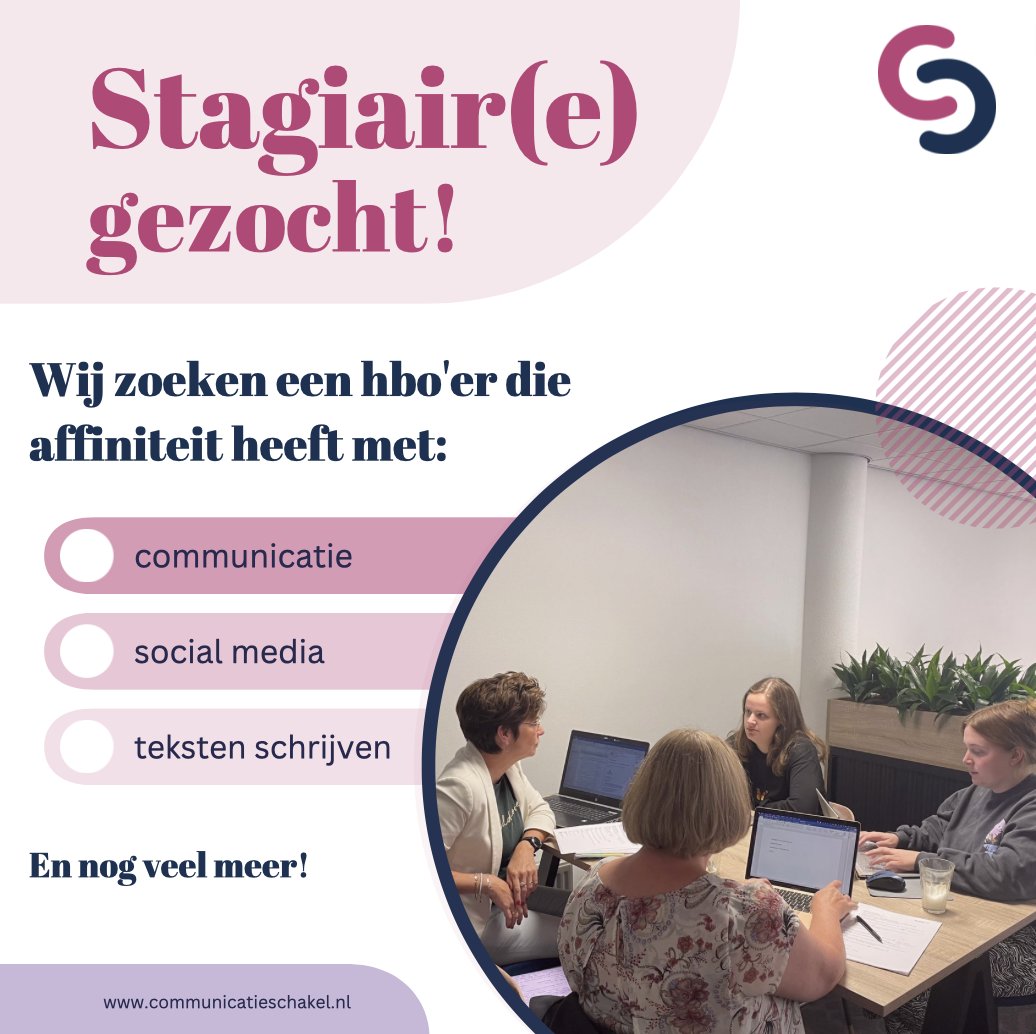 HBO-STAGE BIJ COMMUNICATIESCHAKEL 
Vanaf februari 2023 houd je je als stagiair o.a. bezig met communicatieprojecten, social media (zoals deze post) en teksten schrijven. 
communicatieschakel.nl/communicatie-s… 

#communicatiestage #hbocommunicatie #hbostage #hbostagemarkt