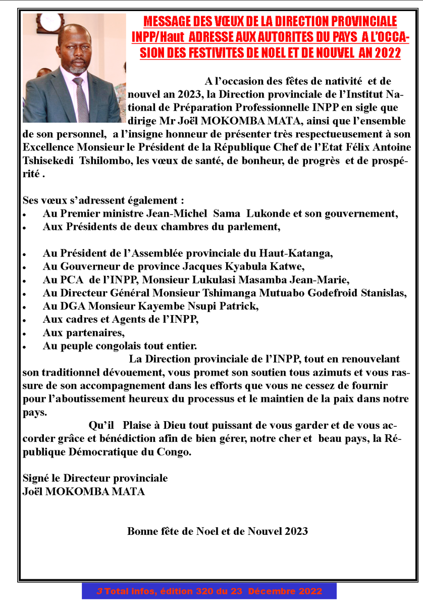 AlainInfos's tweet photo. Message des vœux de la Direction provinciale de l'INPP Haut-Katanga adressé aux autorités du pays à l'occasion des festivités de Noël et de nouvel An 2023. https://t.co/xdXkgKp0iv
