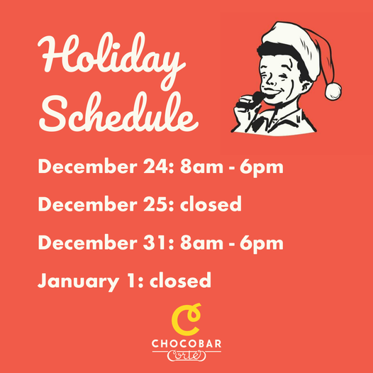 Chocobar_Cortes's tweet photo. ¡Este es nuestro calendario de apertura para estas fiestas! 🎄
Cerraremos 25 de Diciembre y 1 de Enero para celebrar con nuestras familias. 🥰
Esperamos que lo pasen genial con las suyas. 🫶
https://t.co/yFSDGHIS5r https://t.co/MUDouHdP6l