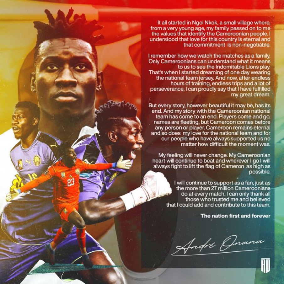 “My story with Cameroon has come to an end” Andre Onana parts ways with Lions🇨🇲 contained in a press release 
<a href="/Kosi_foottalk/">KOSI_FOOTTALK</a> <a href="/FecafootOfficie/">Fecafoot-Officiel</a> @StreetTv1234 <a href="/AndreyOnana/">Andre Onana</a>