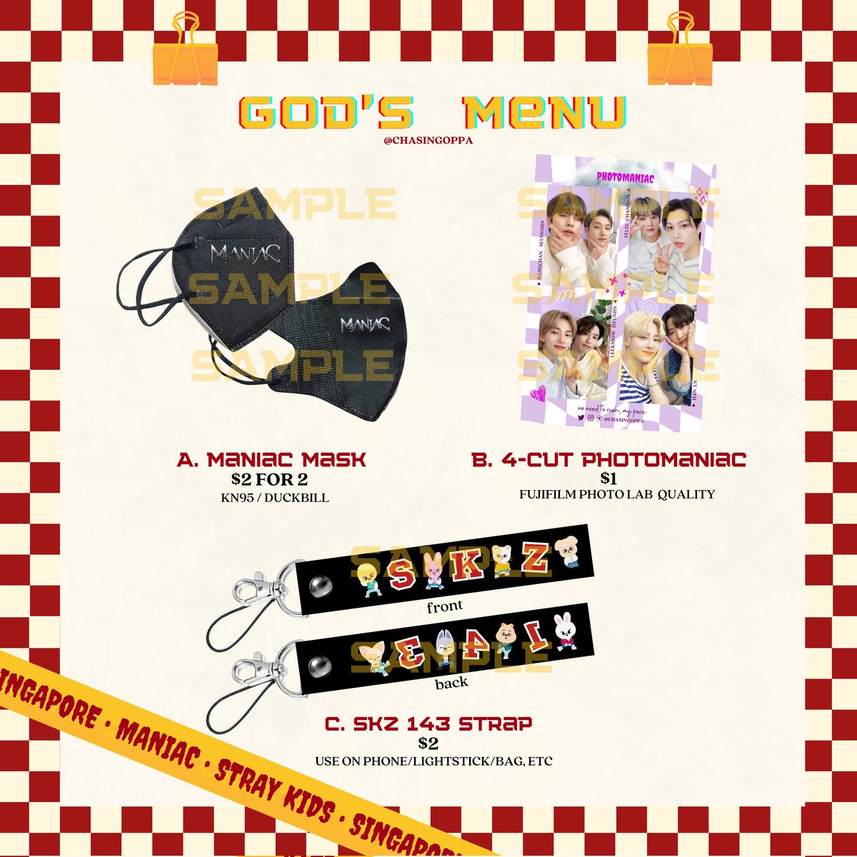 ChasingOppa's tweet photo. [#MANIACinSG fan support pack 🇸🇬]

We present 𝑮𝑶𝑫'𝑺 𝑴𝑬𝑵𝑼

Please refer to the pics &amp; forms for more details! 

🔎 Order Form: https://t.co/PnIe77dUZe
🗓 Order Close: 21 Jan 2023 23:59 SGT
📱 Tele: https://t.co/NWL2sN1DOp

#StrayKids #StrayKidsinSG #MANIACinSingapore https://t.co/bGr4EXTGDN