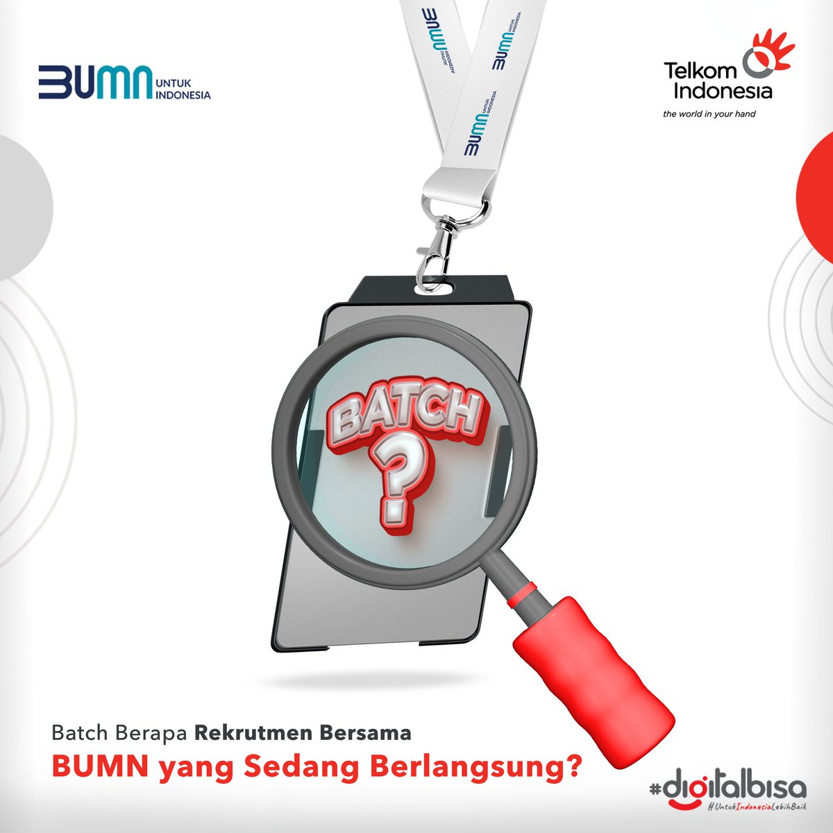 TelkomIndonesia's tweet photo. Sobat, Kementerian BUMN baru saja membuka kembali Rekrutmen Bersama BUMN, untuk memberikan kesempatan bagi putra-putri bangsa ikut berperan memajukan Indonesia.
Batch berapakah Rekrutmen Bersama BUMN yang sedang berlangsung?  Jawab &amp; raih saldo LinkAja masing-masing  Rp 100 ribu. https://t.co/SuJMDOJWHQ