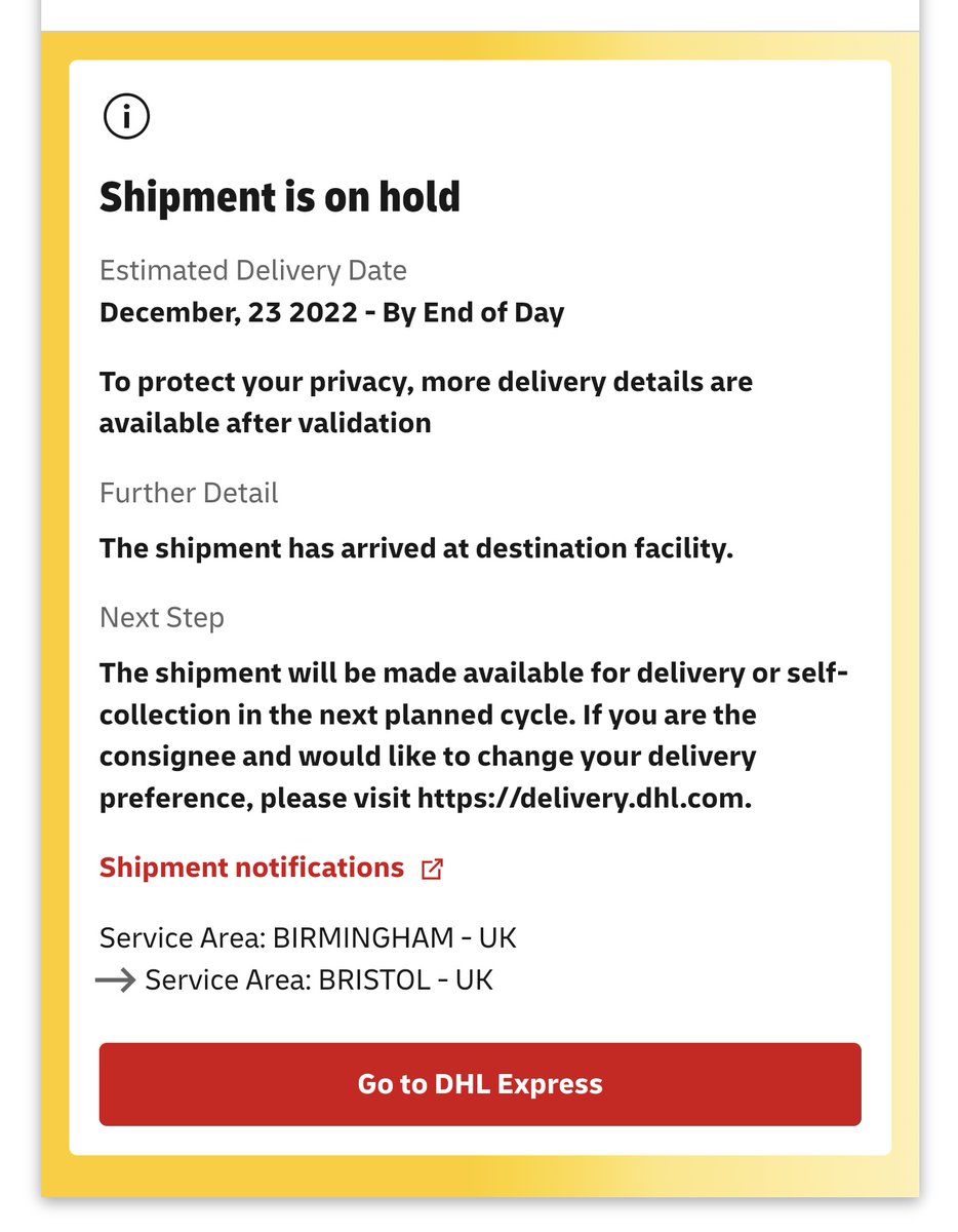 mikeyplumm's tweet photo. @dhlexpressuk what does this mean please? Can I still expect my parcel to be delivered today? https://t.co/QO9opr5p5O