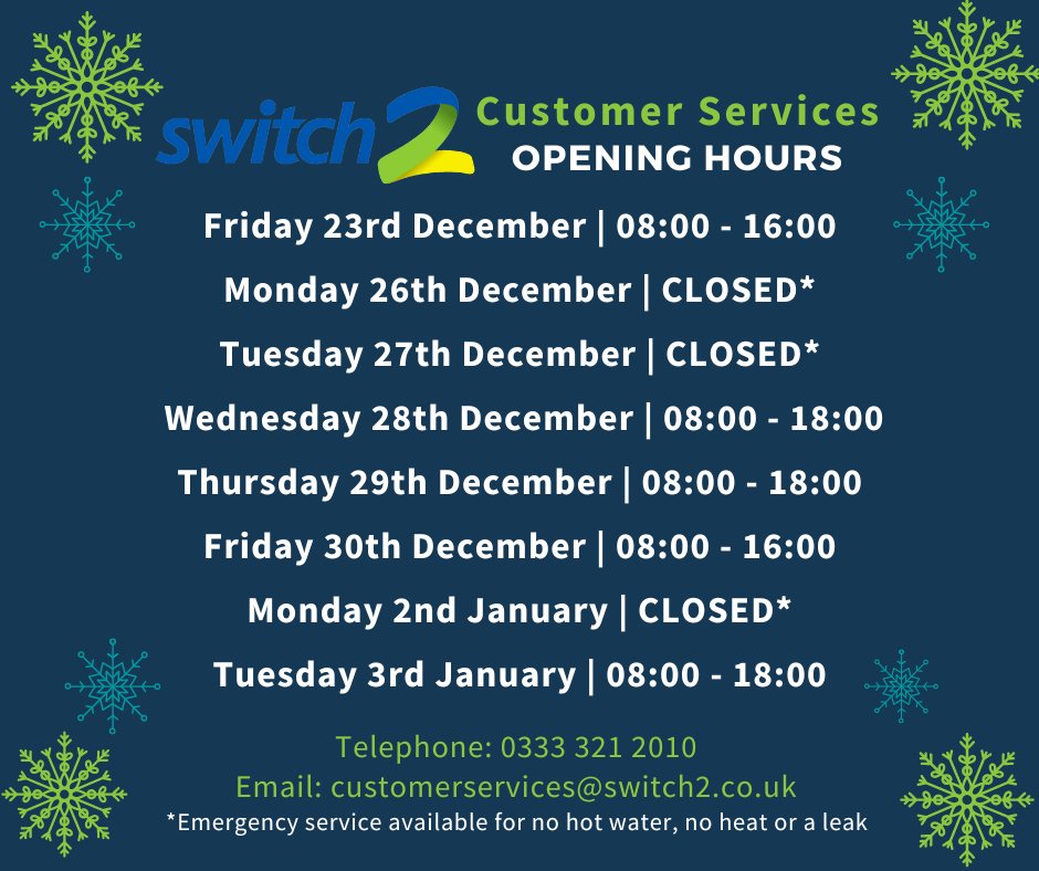 Please see below our Customer Services opening hours over the festive period