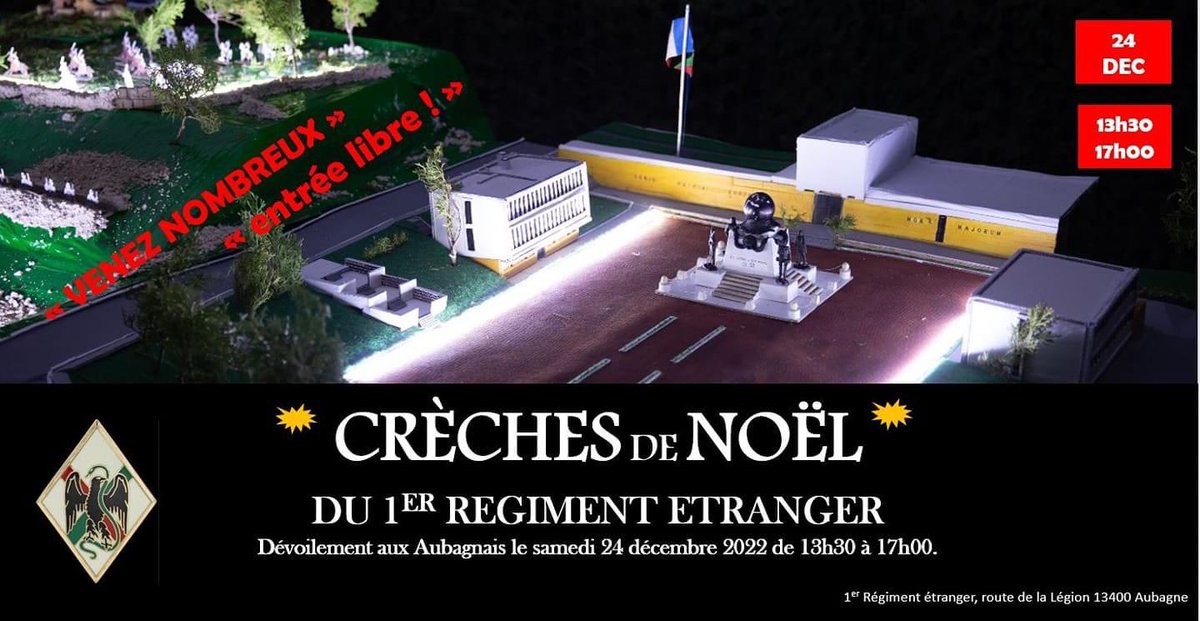 ChefdecorpsGRLE's tweet image. 🟢🔴 #VendrediVertEtRouge Les régiments de la Légion Étrangère vous accueillent pour visiter leurs traditionnelles crèches de Noël.