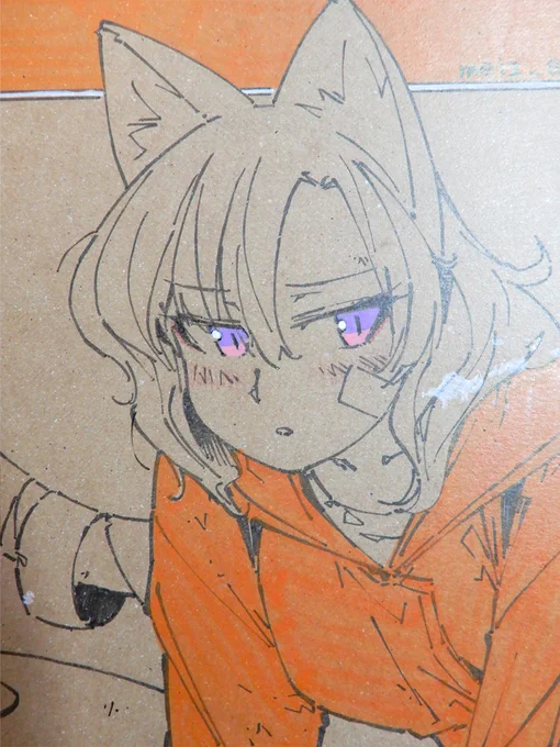 【アナログ1890:路地裏の屑猫】朱墨で塗った屑猫。描く頻度は低いけどだいぶ長く描いてるキャラです。#原画 #アナログ絵 #猫の娘 #クラフト用紙 