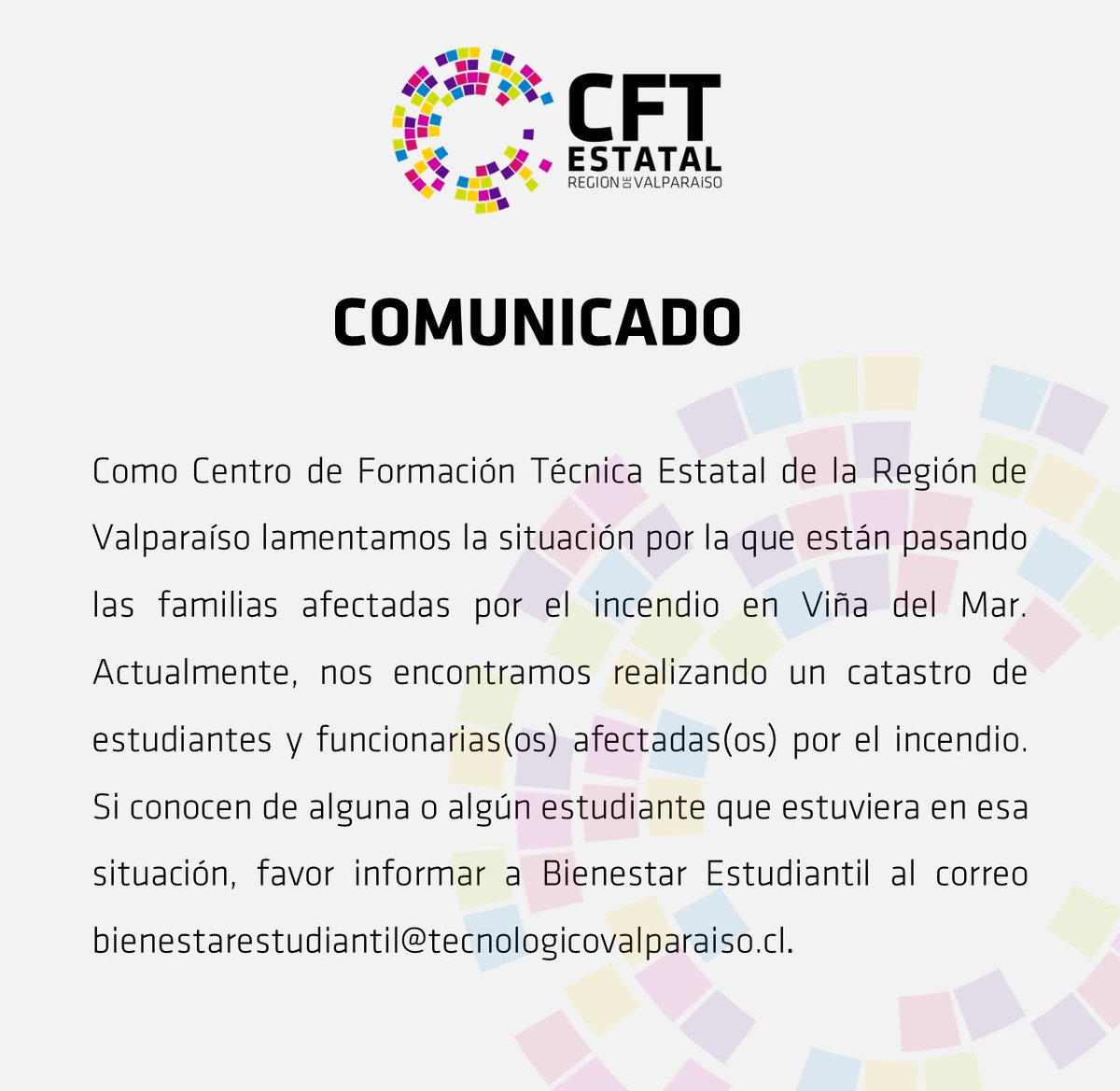 CFTValparaiso's tweet photo. Comunicado por incendio en Viña del Mar https://t.co/SBL9166JLP