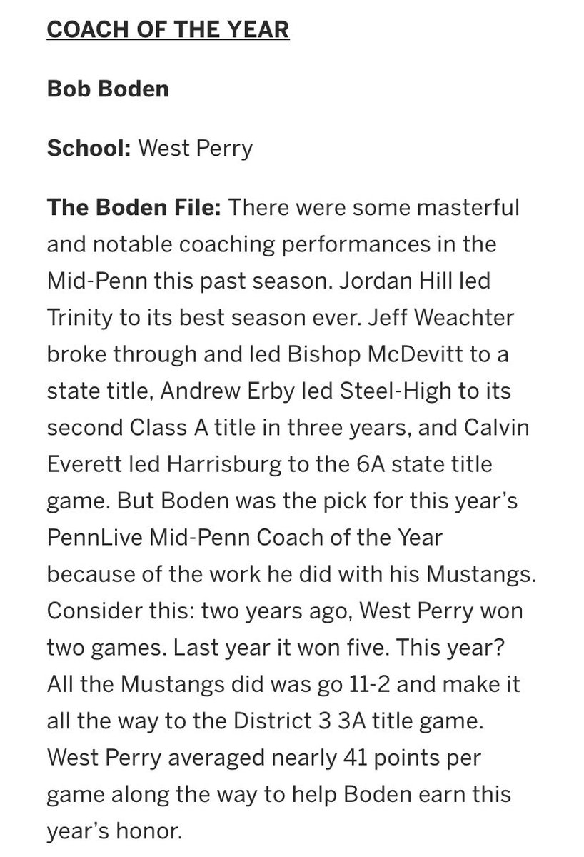 wpfbstats's tweet image. Congratulations to Coach Boden for being named PennLive’s Coach of the Year!