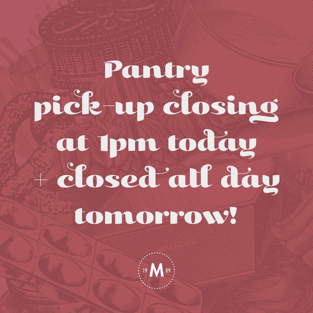 Mildred (@mildredstemple) on Twitter photo Due to the upcoming weather, Mildred's Pantry pick-up will be available until 1PM today (December 23) + closed all day tomorrow (December 24). Please stay safe out there! Due to the upcoming weather, Mildred's Pantry pick-up will be available until 1PM today (December 23) + closed all day tomorrow (December 24). Please stay safe out there!