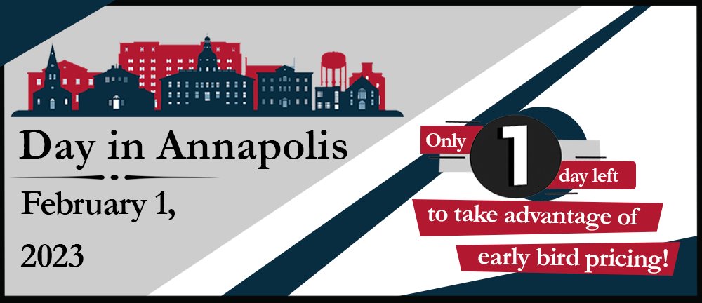Early bird registration closes today for Day in Annapolis. Register now and gain first-hand advocacy experience at the state legislature!
 
Sign up here: ow.ly/JhUX50MbwGS

#dia2023 #mba #annapolis #bankers #maryland