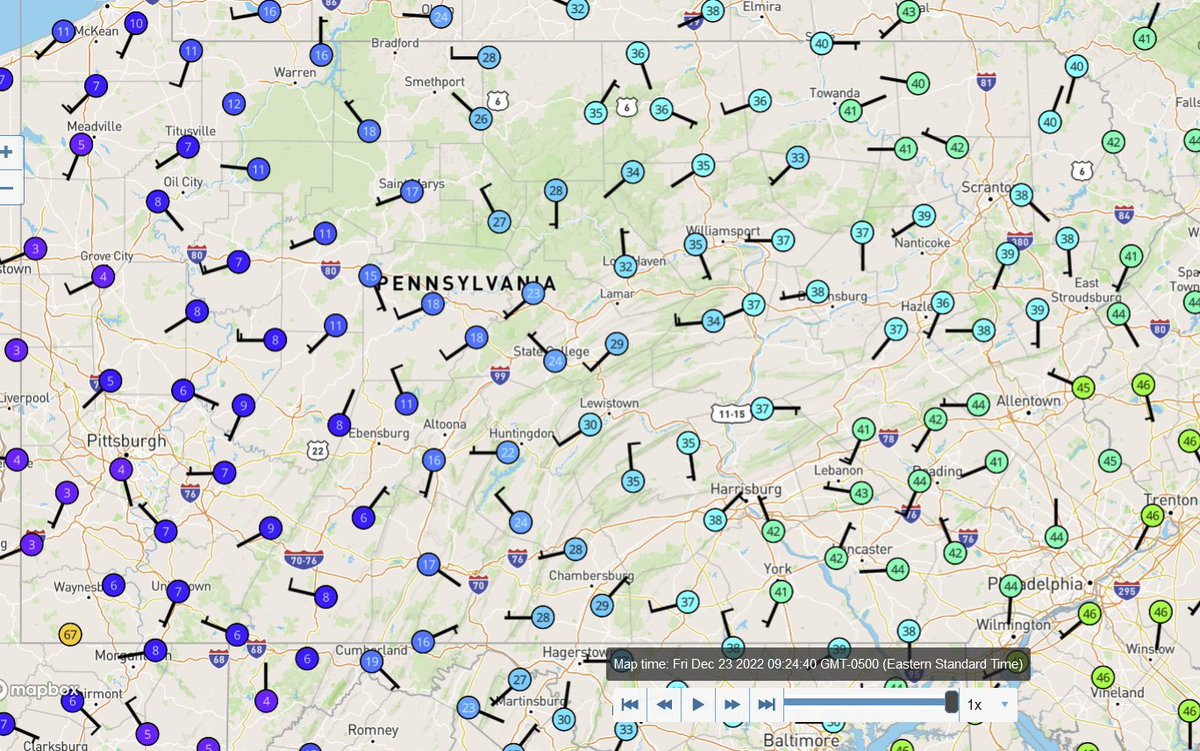 HorstWeather's tweet image. As of 9:30am, temps across the Commonwealth range from 44 in Philly to 4 in Pittsburgh (w/ snow and a wind chill of -17F)! At this moment the Arctic front is crossing York county...and it will cross Lancaster co in the next hour or so. Hard freeze to follow this afternoon.