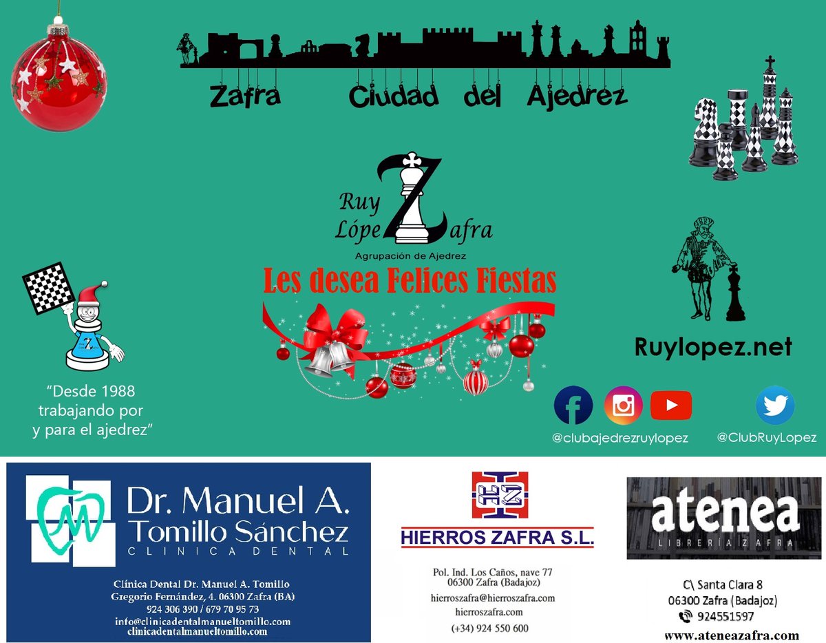 ClubRuyLopez's tweet photo. Nuestra agrupación y nuestros patrocinadores:

Clínica Dental Dr. Manuel Tomillo
Hierros Zafra
@ateneazafra

Les deseamos unas Felices Fiestas y un Próspero Año Nuevo 2023.

Síguenos en nuestra web y en nuestras RRSS:
https://t.co/b11TmrYsgN https://t.co/5DIIOW1zfr