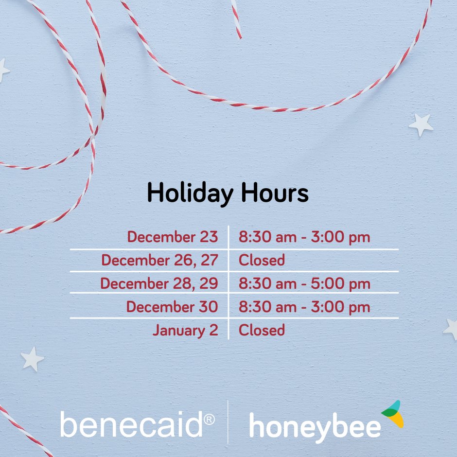 We wish you a very happy and healthy holiday season. Our holiday hours are as follows:
December 23: 8:30am - 3:30pm
December 26, 27: Closed
December 28, 29: 8:30am - 5:00pm
December 30: 8:30am - 3:30pm
January 2: Closed
