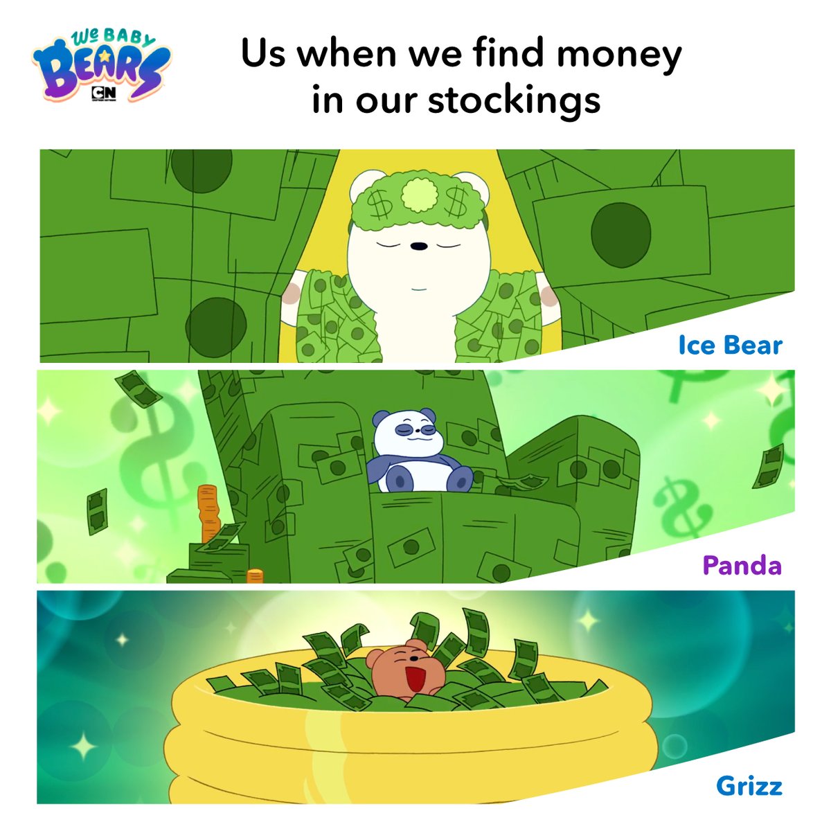 What’s the first thing ur buying with ur present from Santa? 🤑💸🎅🏻 

#WeBabyBears #PanPan #Grizz #IceBear #CartoonNetwork #Holidays #Santa