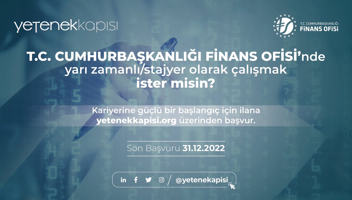 Kariyerine finans alanında güçlü bir adım atmak ister misin? 

<a href="/cbfinans/">T.C. Cumhurbaşkanlığı Finans Ofisi</a> yarı zamanlı/stajyer olarak görevlendirilmek üzere lisans, yüksek lisans ve doktora öğrencisi takım arkadaşları arıyor. <a href="/tccbiko/">T.C. Cumhurbaşkanlığı İnsan Kaynakları Ofisi</a> 

🗓 Son Başvuru: 31 Aralık 2022
🔗 yetenekkapisi.org