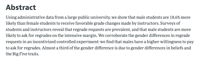 jenniferdoleac's tweet photo. Forthcoming in AEJ: Policy:

"Ask and You Shall Receive? Gender Differences in Regrades in College" by Cher Hsuehhsiang Li &amp; Basit Zafar

https://t.co/XRKvK7Y0ag https://t.co/qv8u2pbFZz