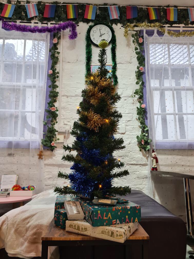 OverRainbowCafe's tweet photo. Feeling festive! Got our secular queer Christmas alternative this afternoon -  a present and a cracker for everyone, and a hearty veggie stew and lots of treats to feast on! https://t.co/43bKKOjH6k
