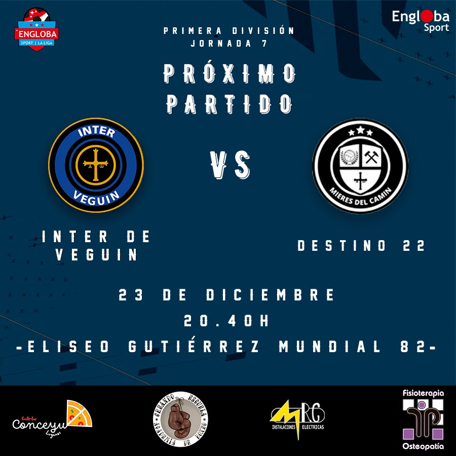 Después del "parón por Navidad" volvemos con la 7ª Jornada de la Liga Apertura 🚀.

🔵 23 de diciembre vs Destino 22 F7 a las 20.40h en Mieres.

Después, nuestro equipo disfrutará de una espicha en Veguin 🍻 y esperamos que sea celebrando la victoria por todo o alto!
