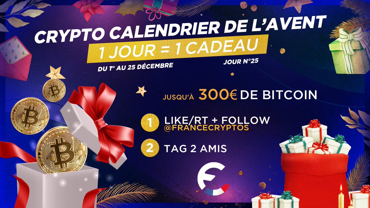 #CRYPTOCALENDRIER 🎄 25/25

Aujourd'hui nous vous faisons gagner jusqu'à 300€ en #Bitcoin ! 10€ tous les 100 RTs sur ce post ! ⚡

Pour participer :

👉 Follow <a href="/FranceCryptos/">France Cryptos 🔗</a>
👉 Likez &amp; Retweetez
👉 @ deux amis ! 

⏳ TAS le 26/12 !

Bonne chance à tous ! 🍀 #Concours 🎁 #Noël