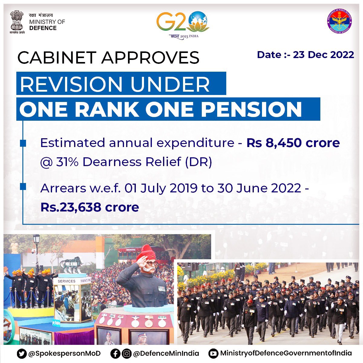 rajnathsingh's tweet photo. The Union Cabinet chaired by Prime Minister Shri @narendramodi today approved the revision of pension of Armed Forces Pensioners/family pensioners under the One Rank One Pension w.e.f.July 01, 2019. https://t.co/SgY98ob2re