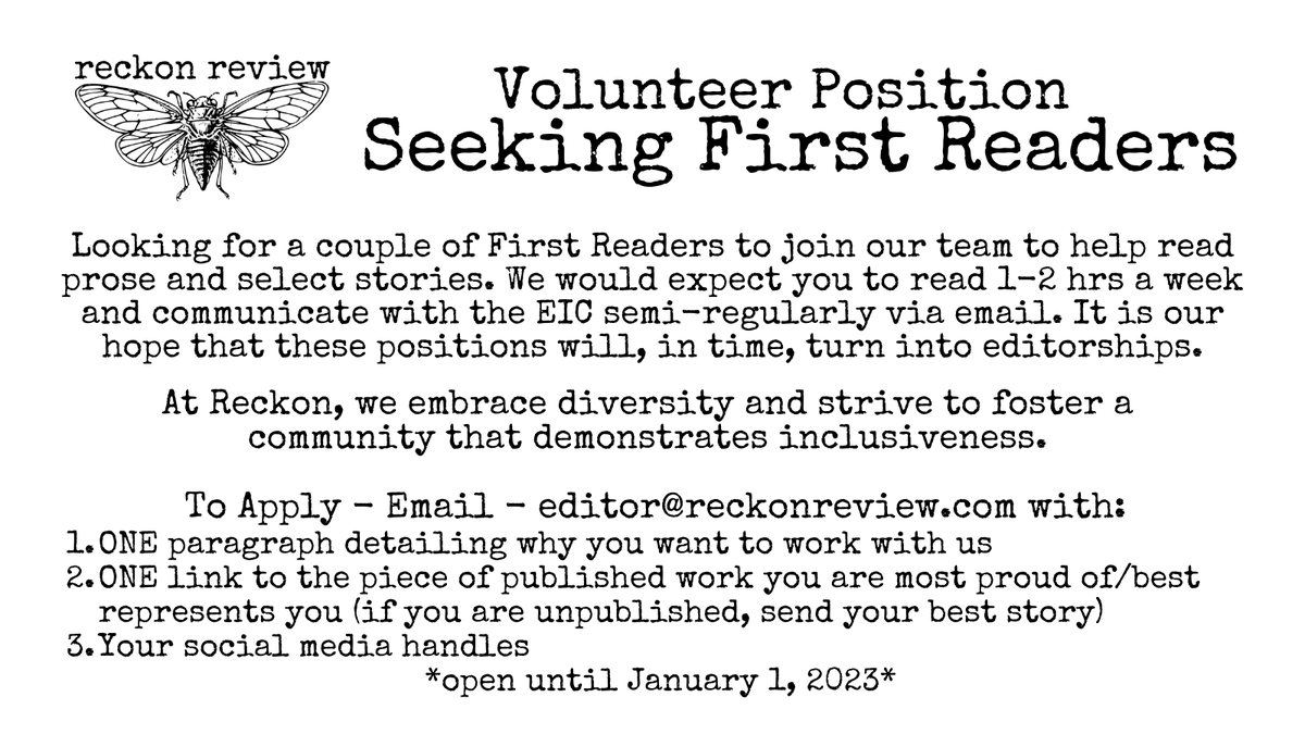 ReckonReview's tweet photo. We are looking to grow our team. Questions? editor@reckonreview.com https://t.co/aQIUfHEzu4