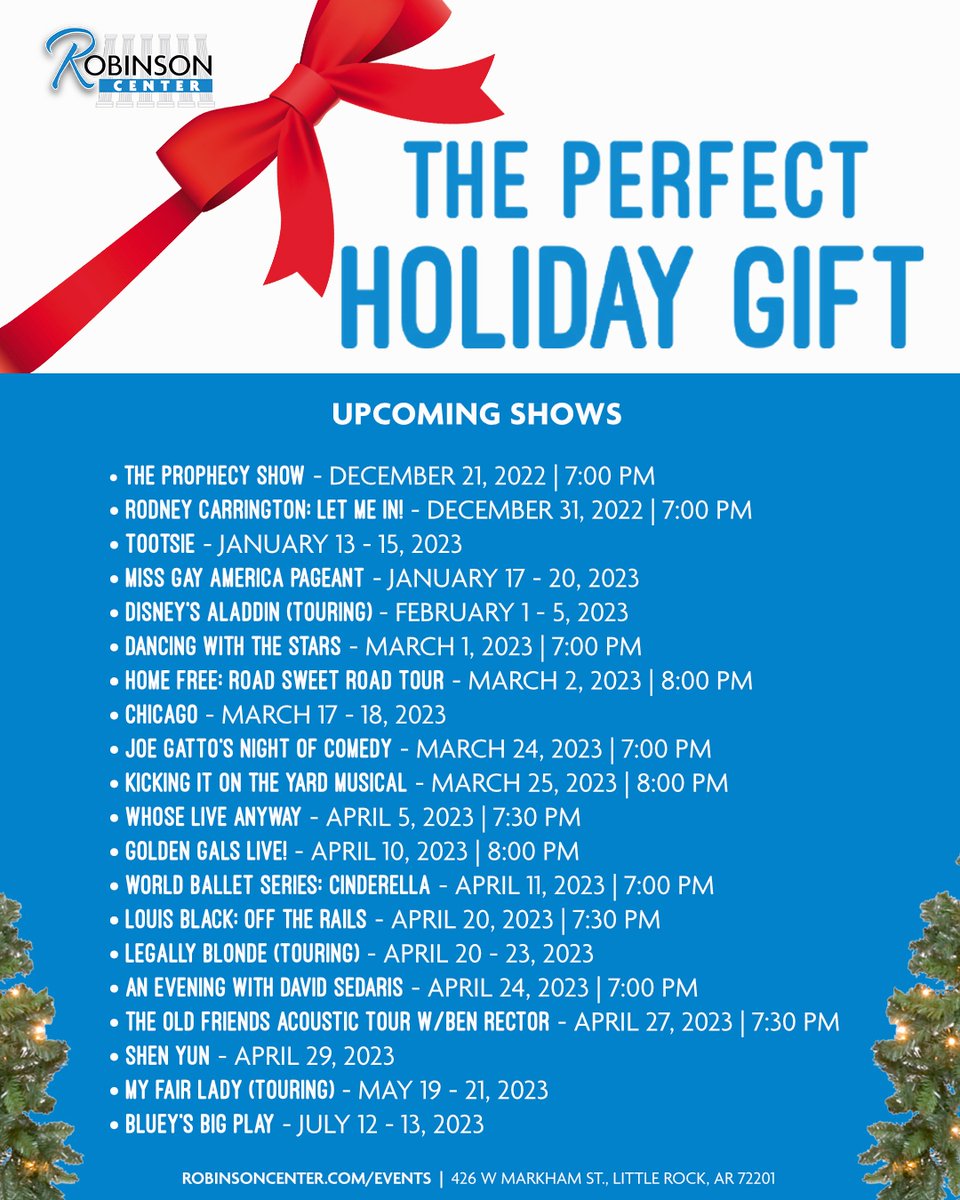 ❄ See you soon and 𝙃𝙖𝙥𝙥𝙮 𝙃𝙤𝙡𝙞𝙙𝙖𝙮𝙨!

🔎 Visit our website to see event descriptions and ticket links: robinsoncenter.com/events/ -𝘖𝘙- search on Ticketmaster.com!

#RobinsonCenter #LittleRock #BigOnArts #liveentertainment #liveperformance #winterstorm