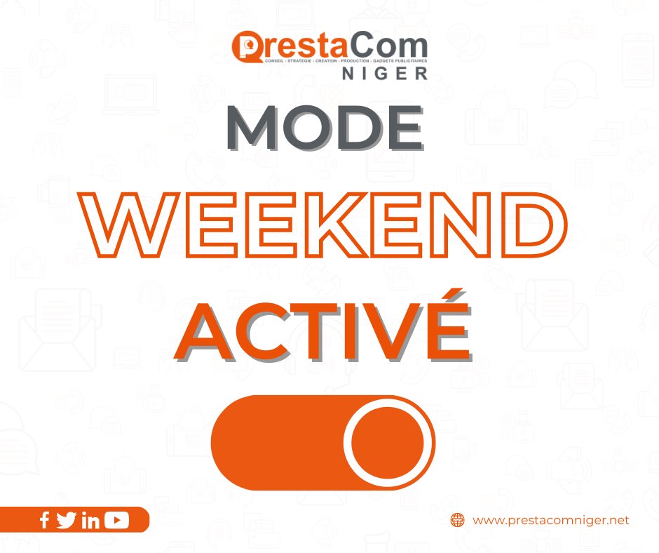 Nous vous souhaitons un très bon week-end.
Faites le plein d’énergie pour la semaine.

#Weekend  #Prestacom #PrestacomNiger #Afrique #Niger #CroireEtAvancer
