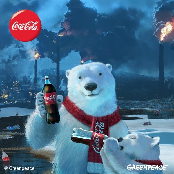 Greenpeace's tweet image. We're here to tell @CocaCola's real story - greenwashing. That's why we spoofed their #RealMagic holiday ad.❄️ 

RT to expose Coke's polluting brand for what it truly is!

It is time to ask world leaders to support a global plastics treaty! act.gp/2LmBrNC