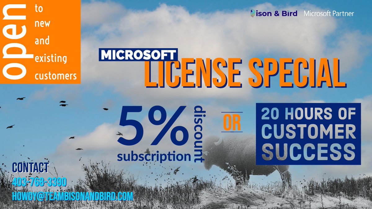 bison_and_bird's tweet photo. Have Bison &amp; Bird manage your Microsoft licenses and receive a 5% discount or 20 hours from our customer success team. Call now 403-768-3390
#M365 #D365 #Outlook #Microsoft #Microsoftexchange #powerBI #powerapps #azure https://t.co/34UchIbOLN