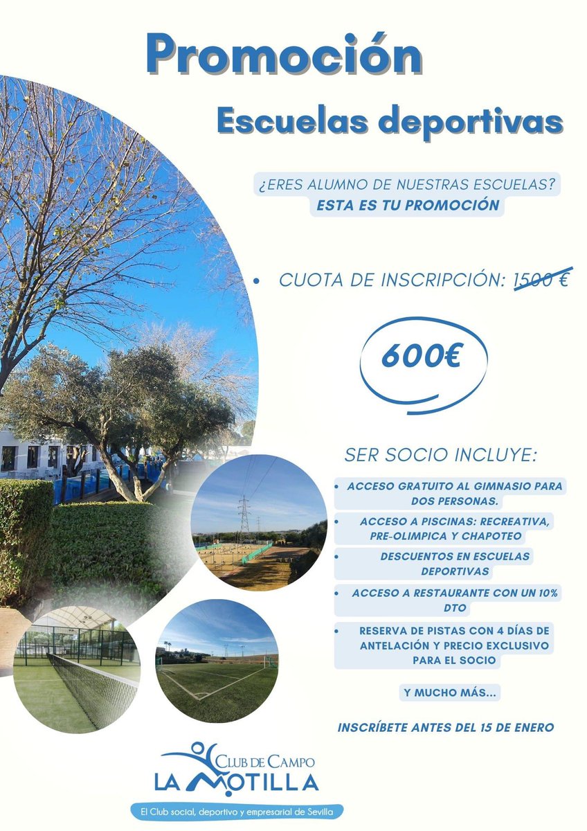 📌PROMOCIÓN ESCUELAS DEPORTIVAS
¿Eres alumno de nuestras escuelas deportivas? ESTA ES TU PROMO 

Si aún no eres socio de nuestro club ahora es tu momento, hasta el 15 de enero puedes hacerte socio con esta promoción  y beneficiarte de un descuento en la cuota de inscripción.