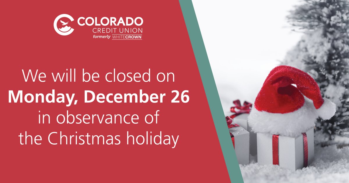 We will be closed tomorrow through Monday in observance of Christmas, and reopening on Tuesday for normal business hours. White Crown online and mobile banking as well as CO-OP Network surcharge-free ATMs will remain available for your use as usual.