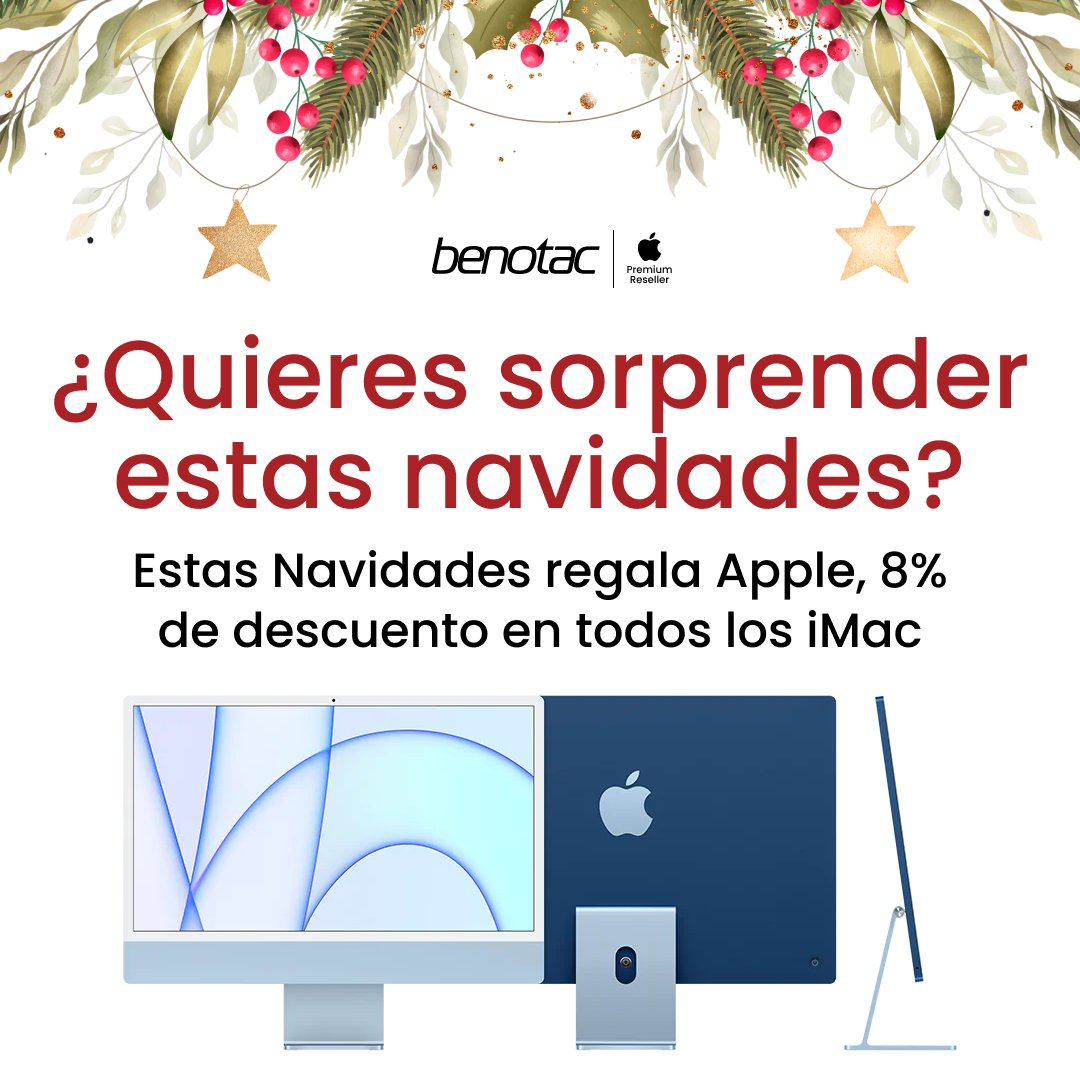 Benotac's tweet photo. ¡YA NO QUEDA NADA PARA ABRIR LOS REGALOS! ❤️ 🎁 ¡En Benotac estas navidades queremos sorprenderte! Por eso, te traemos la mejor oferta🙌🏼

😋 Para ayudarte a acertar con tus regalos de este año… 👉🏼 tenemos 8% de descuento en todos los iMac 😍🖥️ #Apple #Christmas #Sales #MacBook https://t.co/XhLq28z0tG