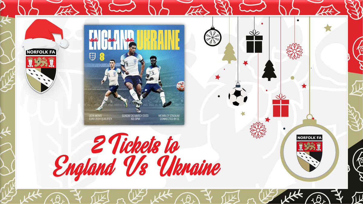 🎄 CHRISTMAS GIVEAWAY 🎄

Our final #ChristmasGiveaway is for the chance to win two tickets to watch <a href="/England/">England</a> Vs Ukraine at <a href="/wembleystadium/">Wembley Stadium</a> next year! ⚽️

To enter all you have to do is RT this tweet &amp; make sure that you are following us! Closes at 5pm on Tuesday 27 December.🧑‍🎄🙌