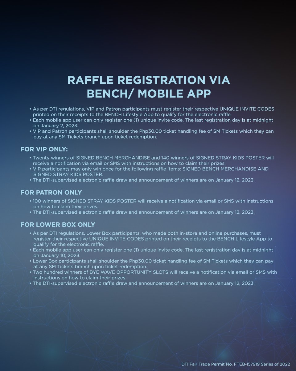 benchtm's tweet photo. 🙌SKZ FAN MEET RAFFLE PROMO🙌

Just follow these easy steps and B/ one of the lucky Stays to win exclusive perks and prizes. Register now! Announcement of winners will be on Jan 12.

This @Stray_Kids Raffle promo is exclusive for VIP, PATRON, and LOWER BOX sections only.

(1/2) https://t.co/LhjImlITGk