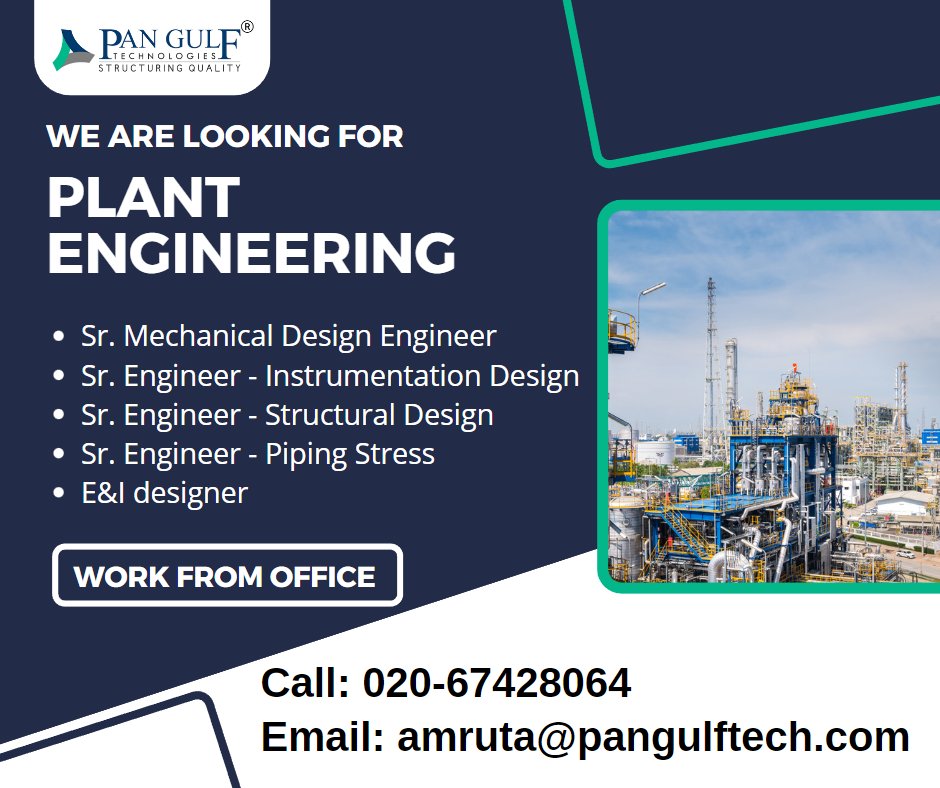 pangulftech's tweet photo. #Hiringimmediately : Multiple job openings for "Plant Engineering" Share your updated CV to: amruta@pangulftech.com OR call 020-67428064
#puneengineers #placements #engineeringjobs #engineering #mechanical #engineeringlife #engineeringstudents #engineeringlovers #plantengineers https://t.co/tRw9jWsQCX