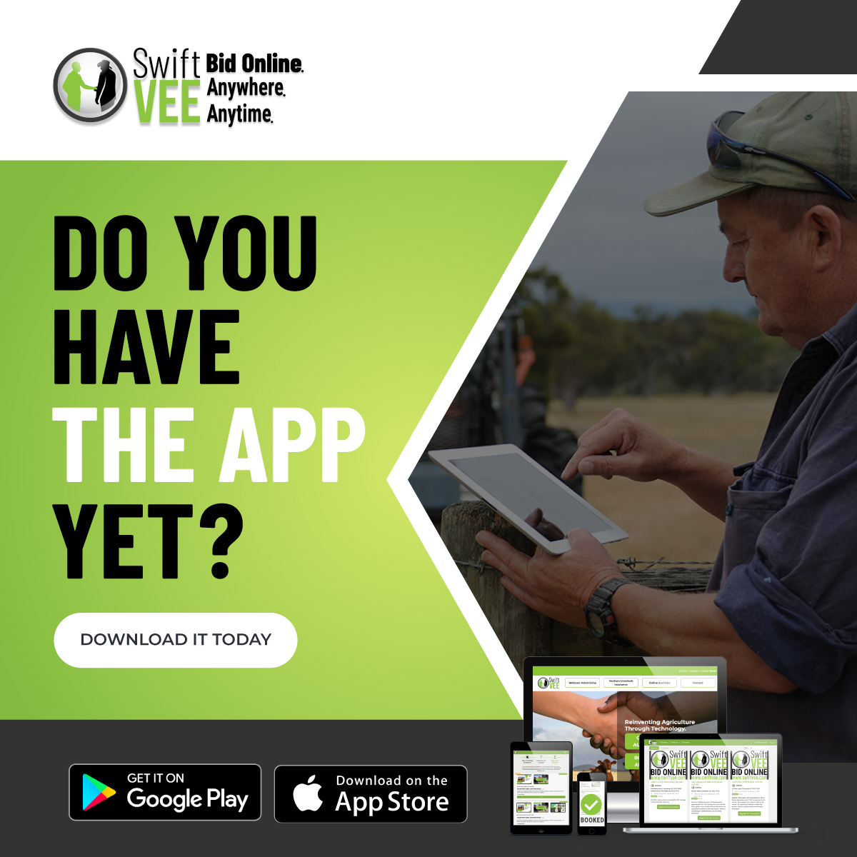 TeamSwiftVEE's tweet image. Have you downloaded our app yet? 🌐

Download the app from Google Play: ow.ly/lQcN50Mbmqi

Download the app from the Apple store: ow.ly/aHRK50Mbmp3

Bid online at swiftvee.com

#onlineauction #bidonline #swiftvee #livestock #agriculture #auction