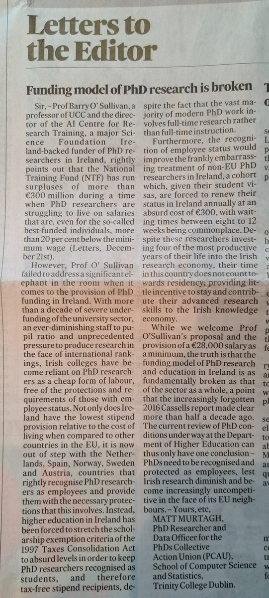 My letter in today's @IrishTimes responds to @BarryOSullivan's constructive proposal on PhD funding - the model of PhD funding in Ireland is increasingly out of step with EU neighbours and in need of reform that goes deeper than a stipend increase tinyurl.com/4cw8bcnx #PhD