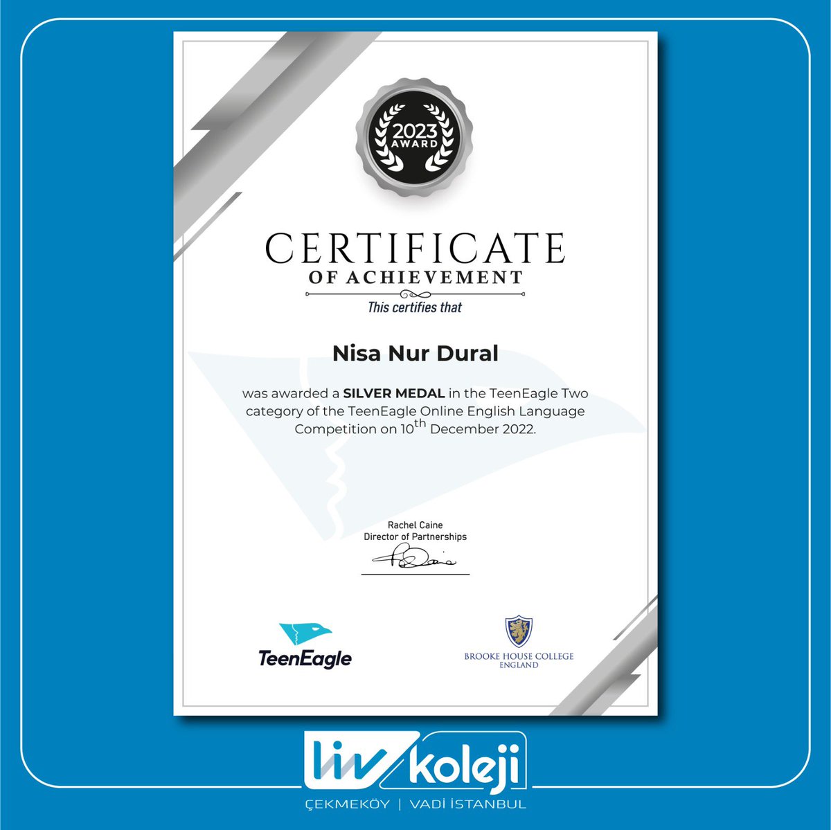 6.sınıf öğrencimiz Nisa Nur Dural İngiltere Booke House College tarafından organize edilen Uluslararası TeenEagle Turnuvasında gümüş madalya kazanarak İngiltere'de yapılacak olan dünya finallerinde ülkemizi ve okulumuzu temsil etme hakkı kazanmıştır. tebrik ederiz. #livkoleji