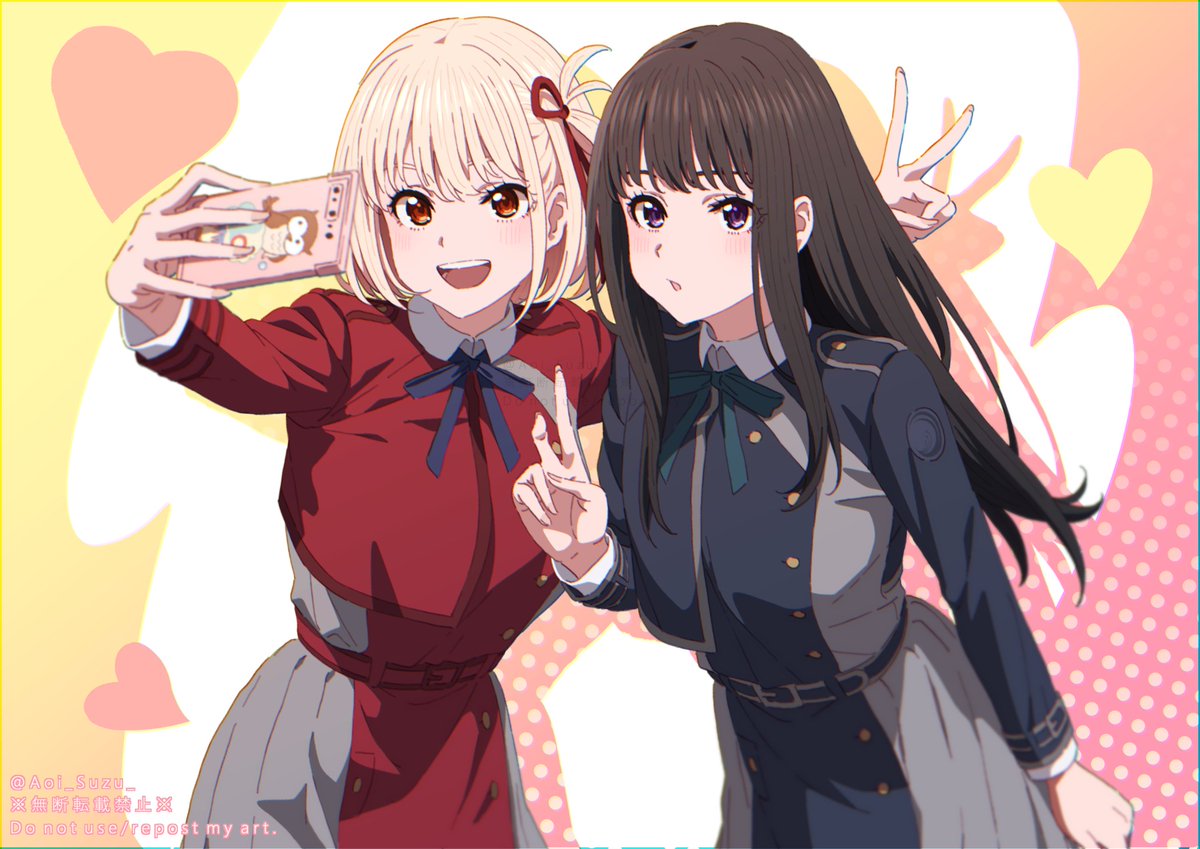 inoue takina ,nishikigi chisato multiple girls 2girls lycoris uniform blonde hair long hair v black hair  illustration images