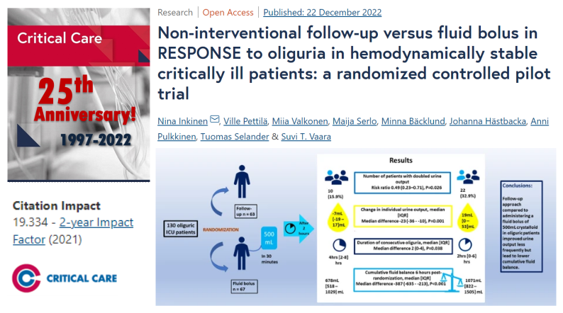 Crit_Care's tweet photo. #CritCare #OpenAccess 
Non-interventional follow-up versus fluid bolus in response to oliguria in hemodynamically stable critically ill patients

Read the full article: https://t.co/F1bvNAn15c

@jlvincen @ISICEM #FOAMed #FOAMcc https://t.co/RA74vEo2q6