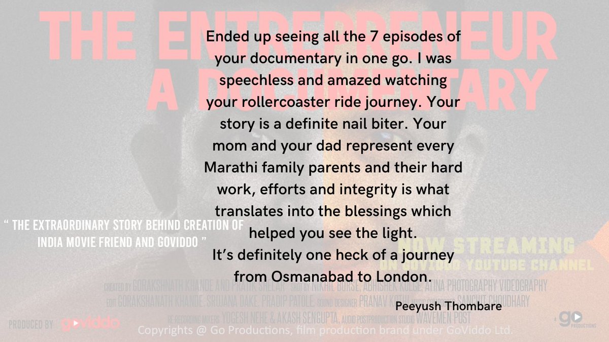 RealGoViddo's tweet photo. Thank you for your love and great reviews! 
The Entrepreneur - A Documentary, all 7 episodes are streaming now on GoViddo  YouTube Channel. 

https://t.co/mbVopsoK85
#TheEntrepreneurADocumentary https://t.co/PYoSa1UWaT