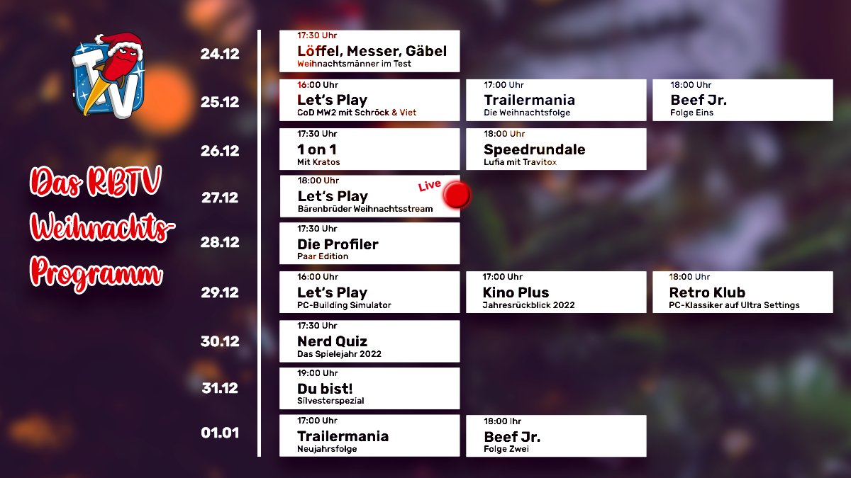 Damit ihr euch über die Feiertage nicht langweilt, haben wir allerhand Videos für euch vorbereitet. Außerdem wird es am 27.12 noch den traditionsreichen Live Stream mit den Bärenbrüdern @doomdesign &amp; <a href="/Kohbrax/">Kohbrax</a> geben. Hier eine Übersicht zu unserem Weihnachtsprogramm.