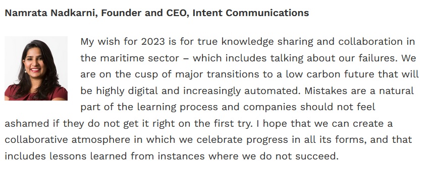 IntentComms's tweet photo. Intent Founder &amp; CEO @NadkarniNamrata's wish for 2023 is the creation and inculcation of a no-blame culture in the #maritime industry. 

What is your wish for shipping in 2023? Tell us and read what others have said at @safety4sea: https://t.co/AbNyTfuN0K https://t.co/V4HRDI3S57