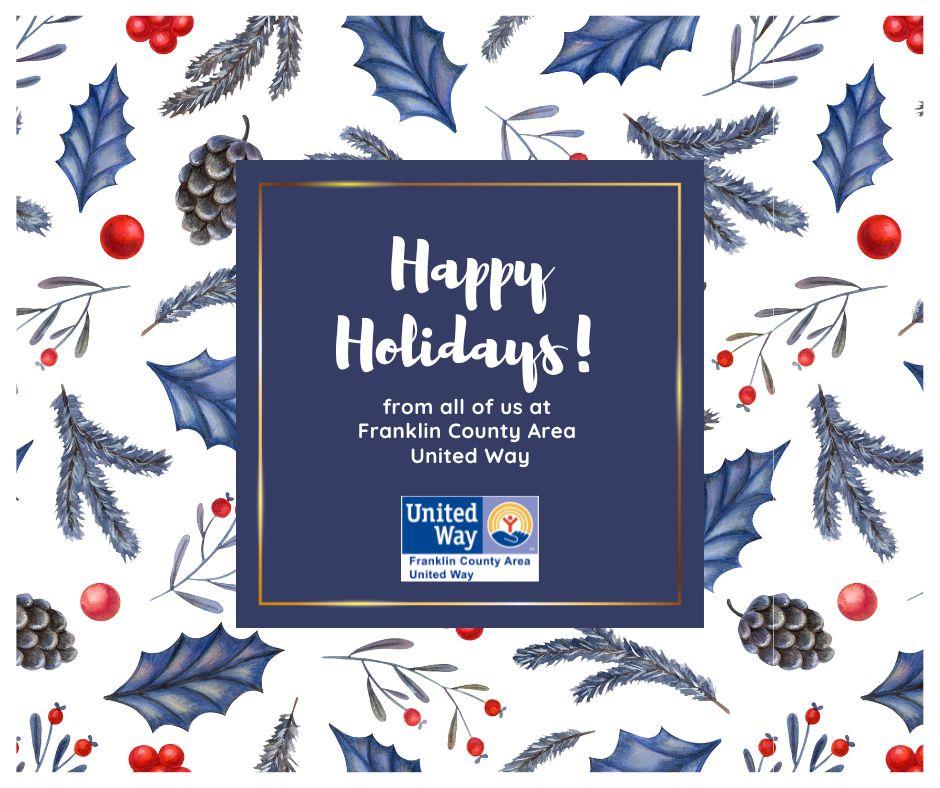 FCAUW's tweet photo. From all of us at Franklin County Area United Way, Happy Holidays!  May your holiday be filled with joy spending time with family and friends.  Thank you ALL for a successful year! https://t.co/wUywaWwUKG